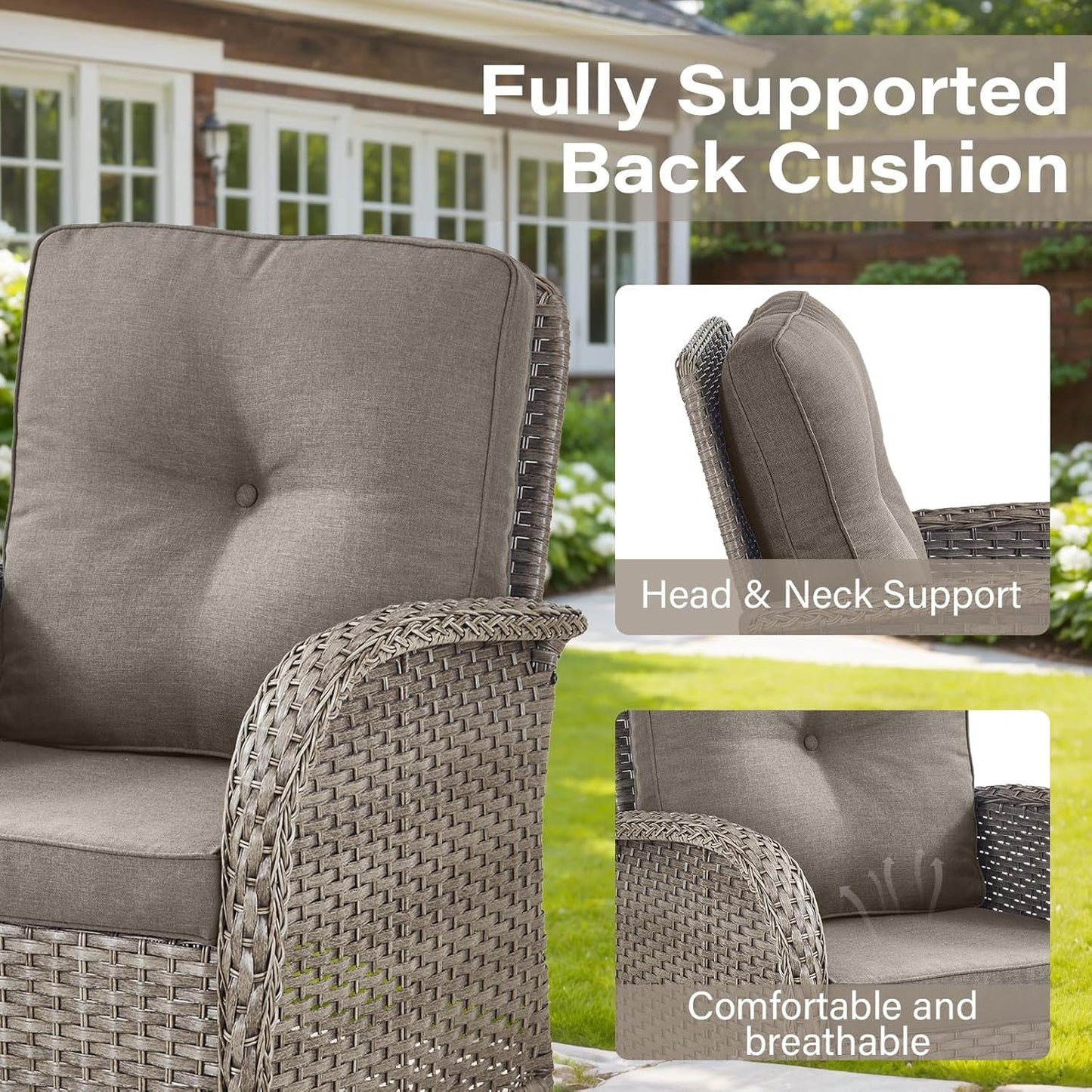 Swivel Patio Chairs Wicker Set - Outdoor Swivel Rocker Chair with Side Table, 3 Piece Patio Glider Chairs Furniture Set with Water-Resistant Cushions for Deck Porch Sunroom Gray-4