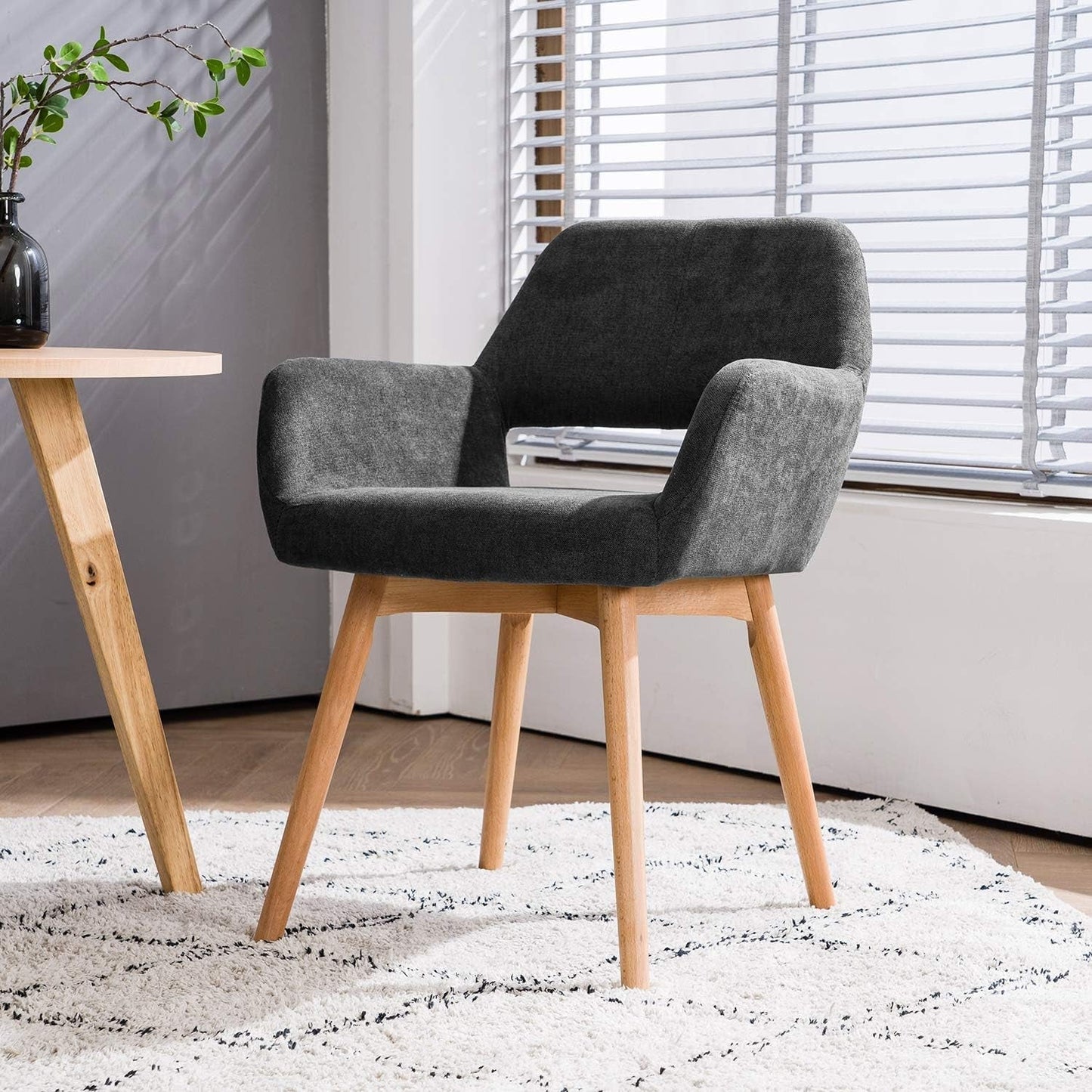 Desk Chair No Wheels Vanity Chair Makeup Chair Comfy Accent Chair for Living Dining Room Bedroom Home Office Mid Century Modern Upholstered Armchair with Wood Legs (Charcoal, 1)-4