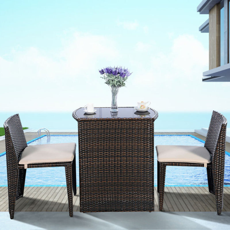 3 Pieces Cushioned Wicker Patio Bistro Set with No Assembly Needed-5