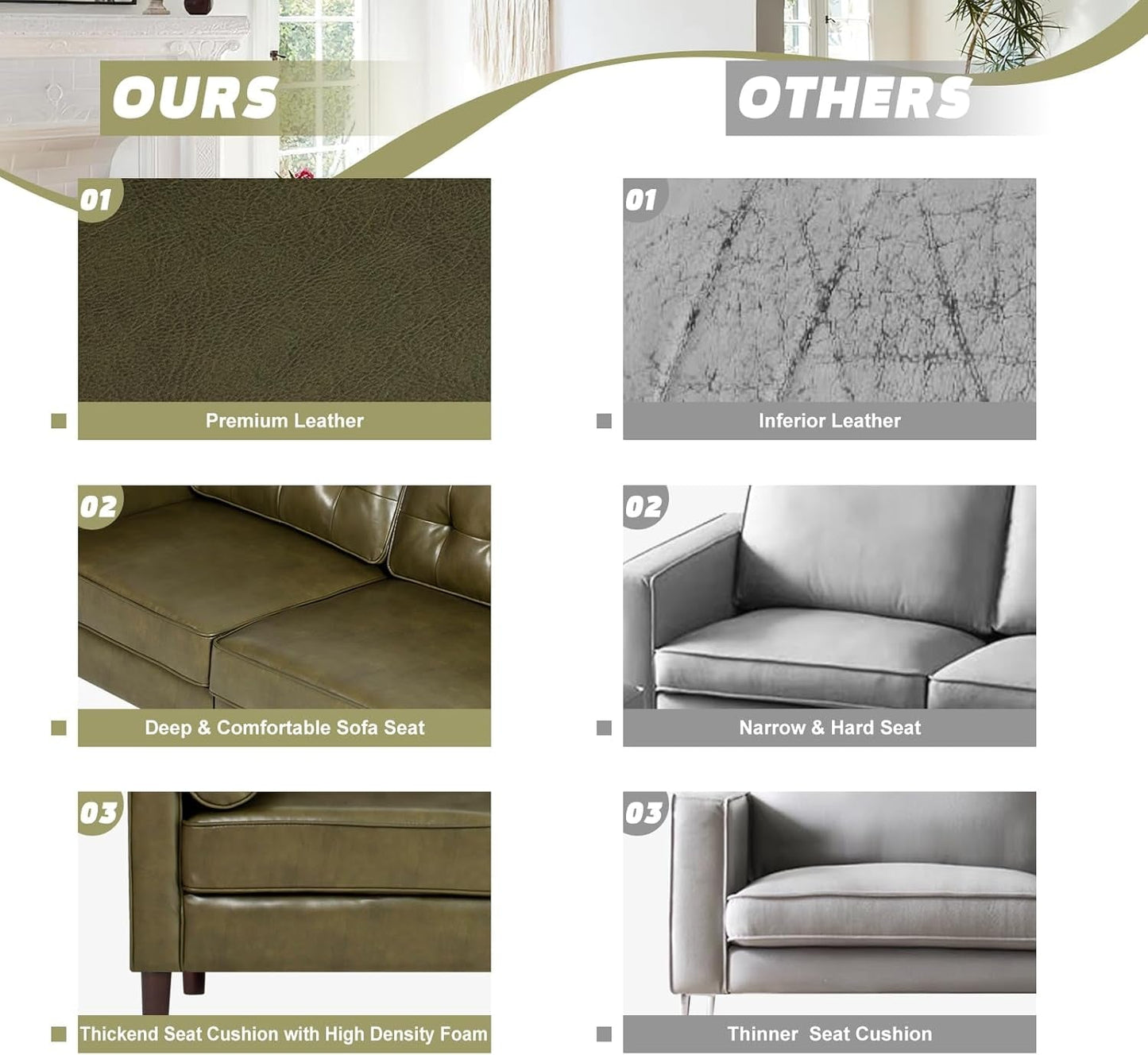 2 Pieces Faux Leather Couch Set, Upholstered 3 Seat & Loveseat Sofa with Bolster Pillows, Mid Century Modern Couch Set with Wooden Legs for Living Room, Bedroom, Office. Olive Green-4