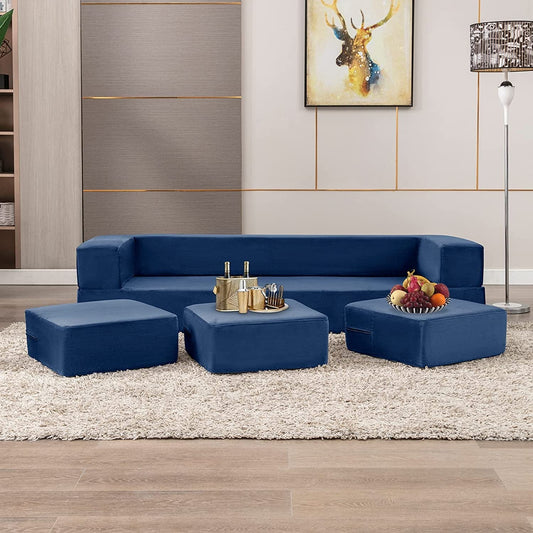 Blue Velvet Futon Sofa Bed with Ottomans-1