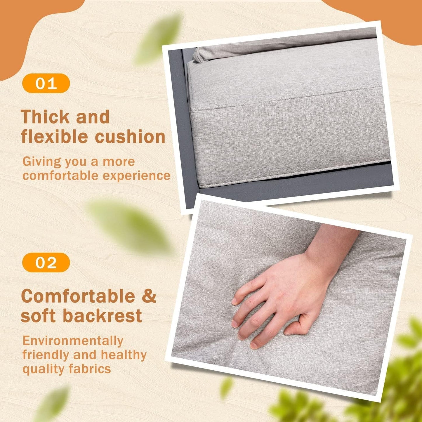 Patio Furniture 4 Pieces, Outdoor Conversation Set with Acacia and Metal Coffee Table, Loveseat and 2 Single Chairs, for Yard, Garden, Porch, Beige-4