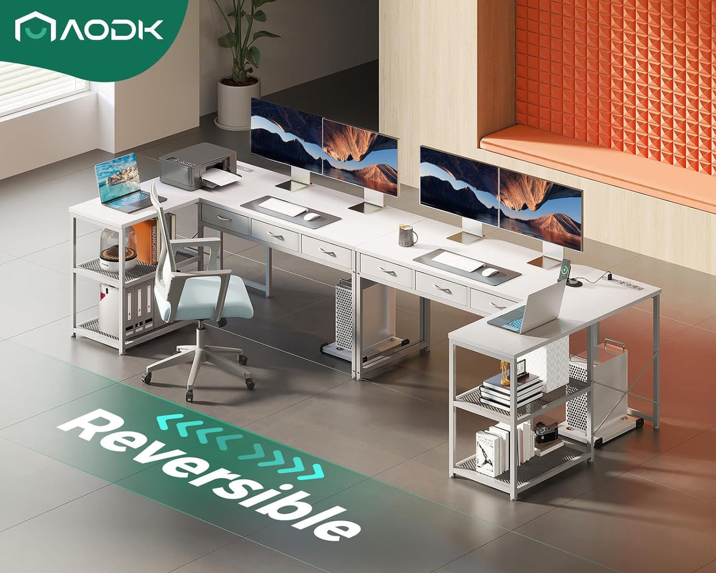 53 Inch L Shaped Computer Desk with Drawers, Corner Desk with Power Outlets & Reversible Storage Shelves, Movable CPU Stand for Home Office Gaming, White-4