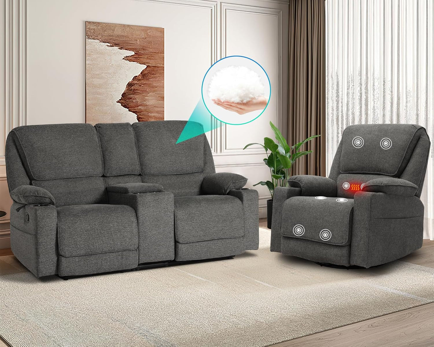 Reclining Living Room Set, 2-Piece Recliner Furniture Sofa, Loveseat Recliner and Swivel Recliner Chair with Cup Houlders for Living Room,Dark Grey-4