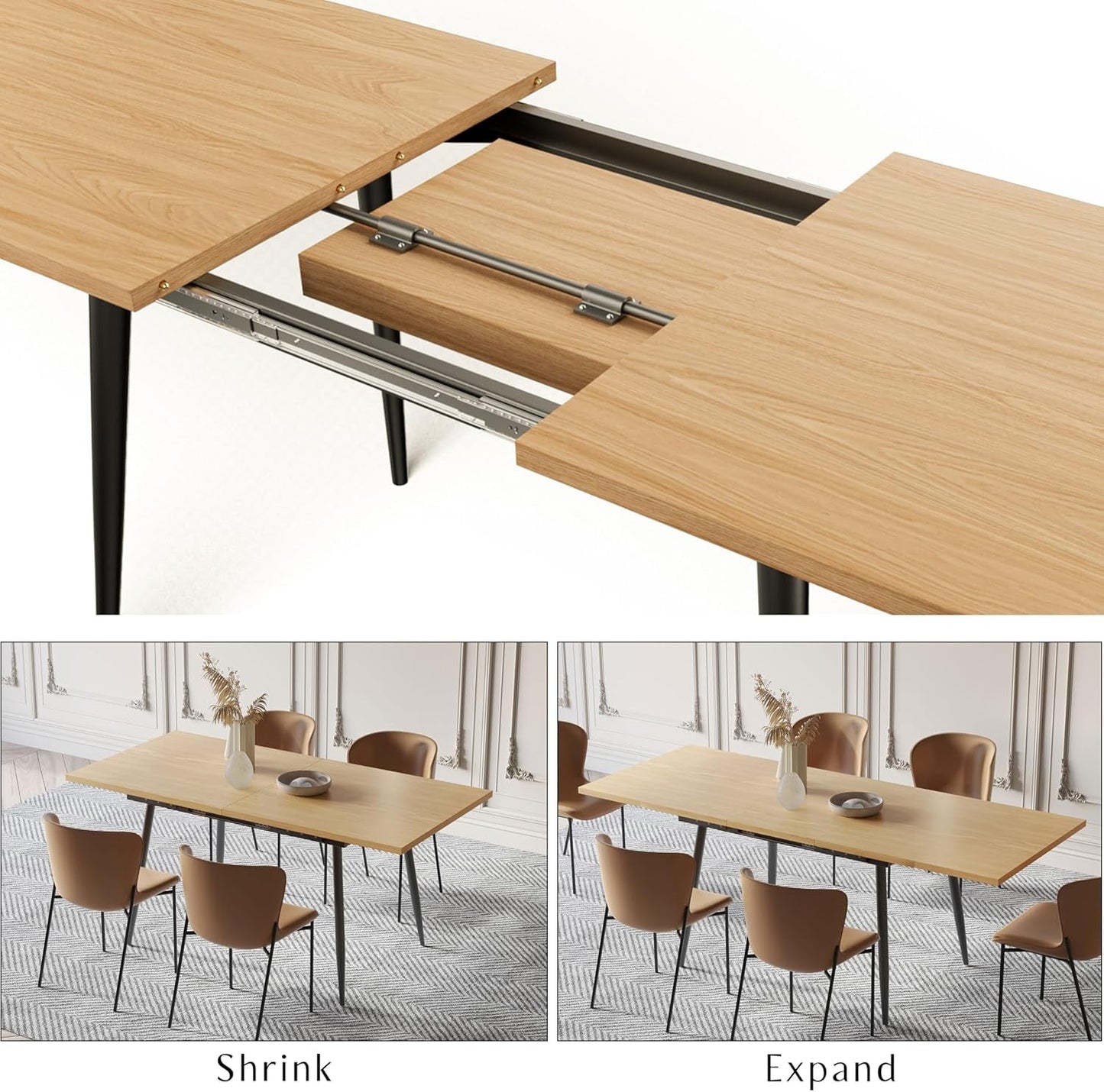 75" X 32" Extendable Dining Table - Rectangle Wooden Table Top with Metal Legs, Space-Saving Extendable 59" to 75" Dining Kitchen Table (Rectangle, Natural)-4
