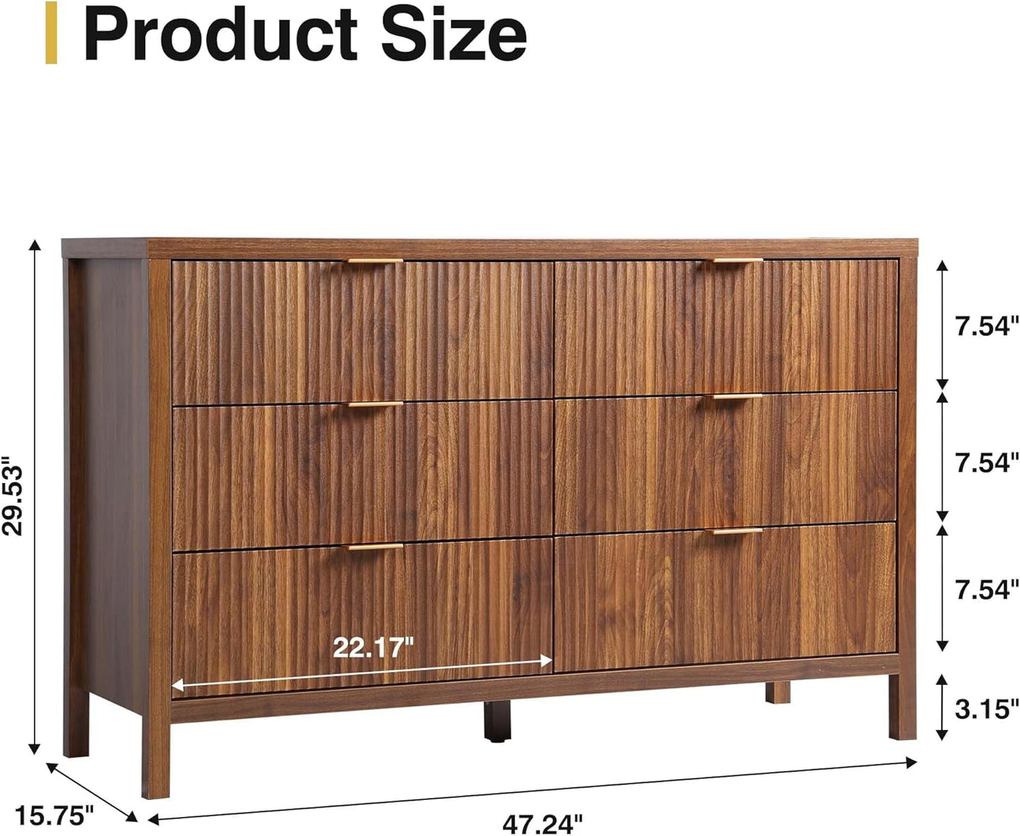 Fluted 6 Drawer Double Dresser for Bedroom, 47" Wide Modern Closet Dressers Chest of Drawers, Wood Storage Dresser Organizer for Nursery Bedroom Living Room Hallway Closet, Walnut-1