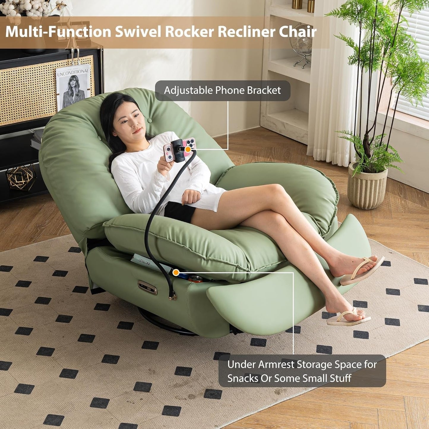 Power Swivel Glider Recliner Chair, Electric Lift Rocker Reclining Chair for Living Room with USB Charger Port, Phone Holder, Bluetooth Speaker, Voice Wake-Up Function, Faux Leather (Green)-2