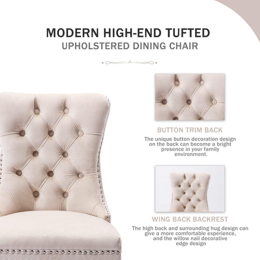 Beige Velvet Ring Pull Trimmed Dining Chairs Set of 6-1