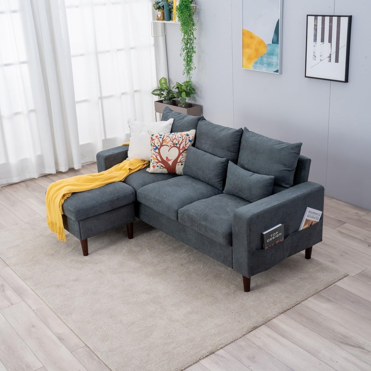 Fabric Corner Sofa Living Room Suite, 3 Seater with Ottoman Footstool, 3 Seater L Shape Sofa Set, Grey-4