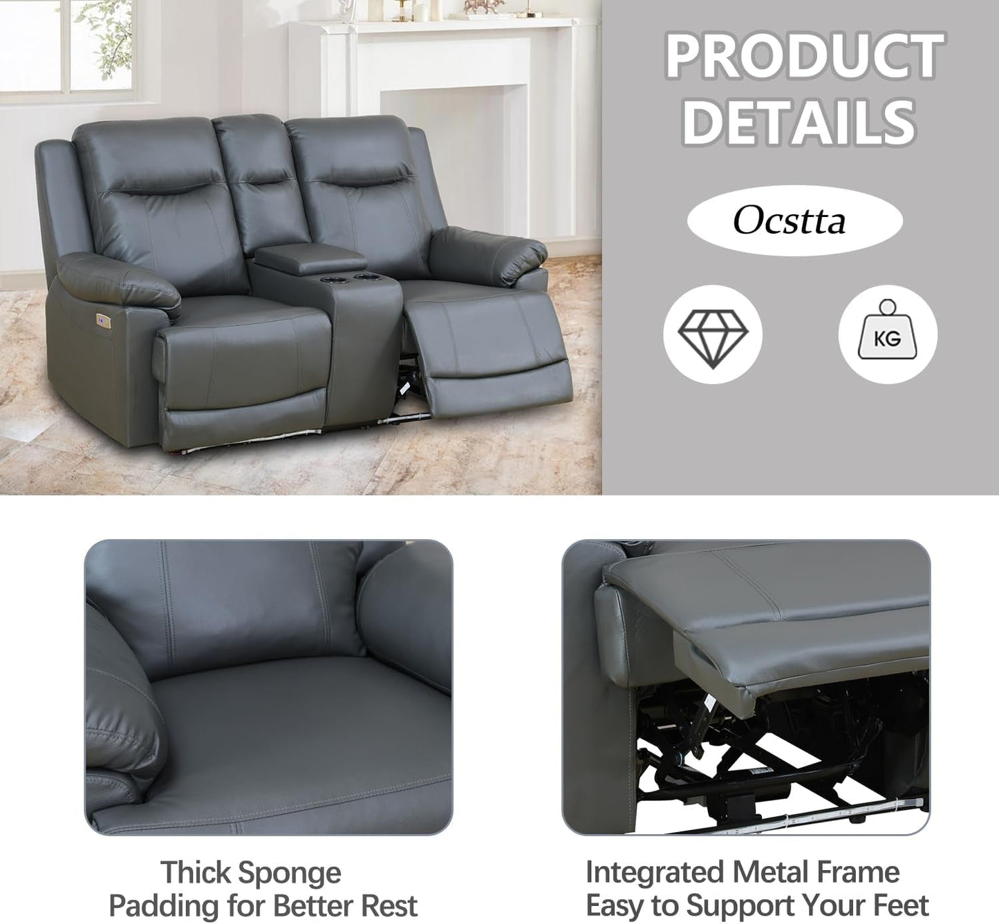 Power Leather Recliner Sofa Set with LED Lights,Living Room Furniture Set, Leather Sofa Set with USB Port/Storage Console/Cup Holders(Recliner Sofa Set) Dark Grey-3