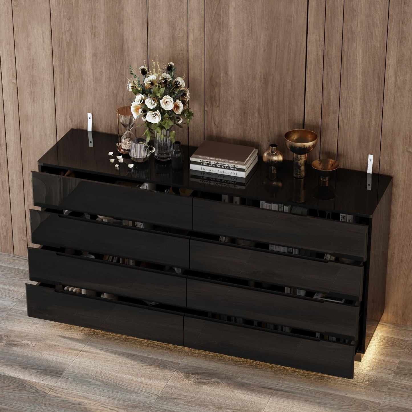 Black Drawer Dresser with LED Light, Modern High Gloss Dresser with 8 Drawers, 63" Long Dresser Double Dresser Storage Chest of Drawer for Bedroom, Living Room, Entryway-2