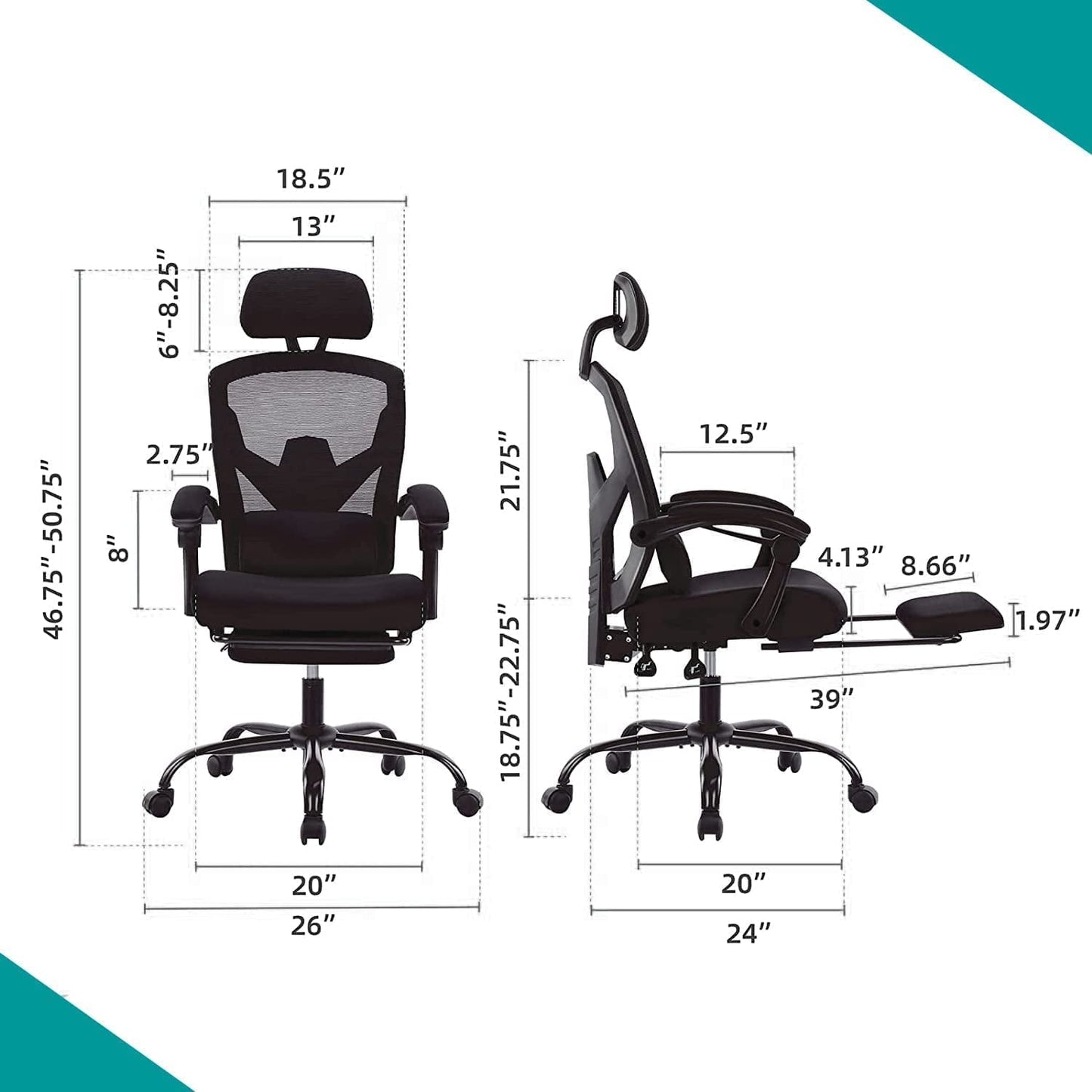 Ergonomic Reclining Mesh Office Chair with Accessories-2