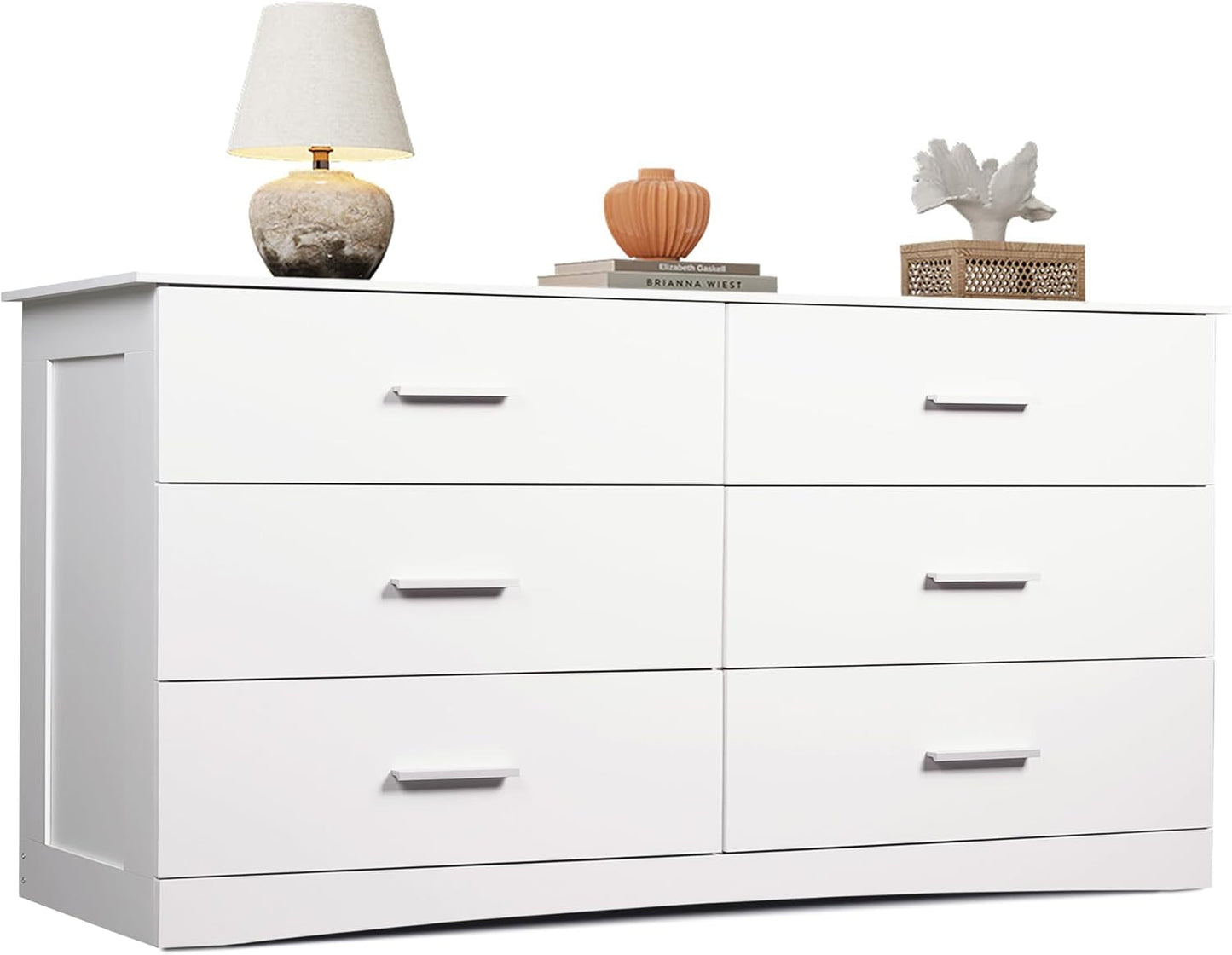 Wood Dresser for Bedroom, Wide Chest of Drawers with 6 Drawers, Large White Storage Tower Unit, Modern Minimalist Closet Store Organizer for Living Room, Hallway-0