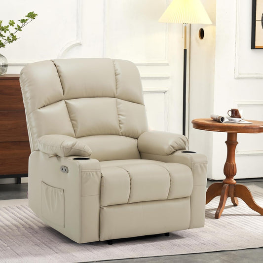 Medium-Wide Lay Flat Dual Motor Power Lift Recliner Chair Sofa with Massage and Heat for Elderly People, Infinite Position, Faux Leather R7677 (Beige, Medium-Wide)-1