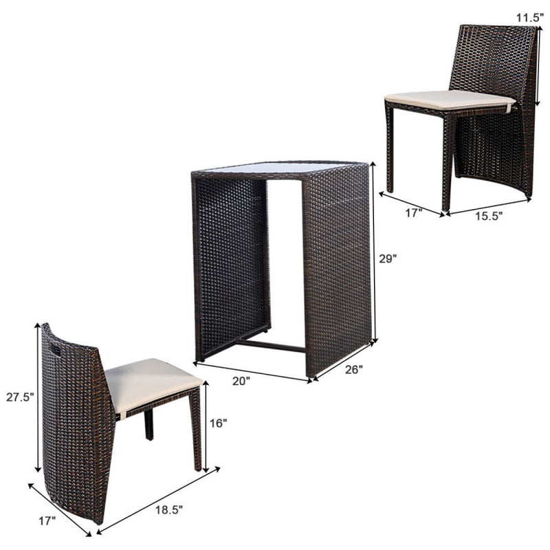 3 Pieces Cushioned Wicker Patio Bistro Set with No Assembly Needed-3
