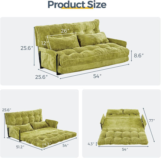 Adjustable Floor Sofa Couch with 2 Pillows, Multi-Functional Bean Bag Bed, 5-Position Foldable Lazy Sofa Sleeper Bed with Armrest, Versatile Floor Seating Sofa for Reading, Green, Double-1
