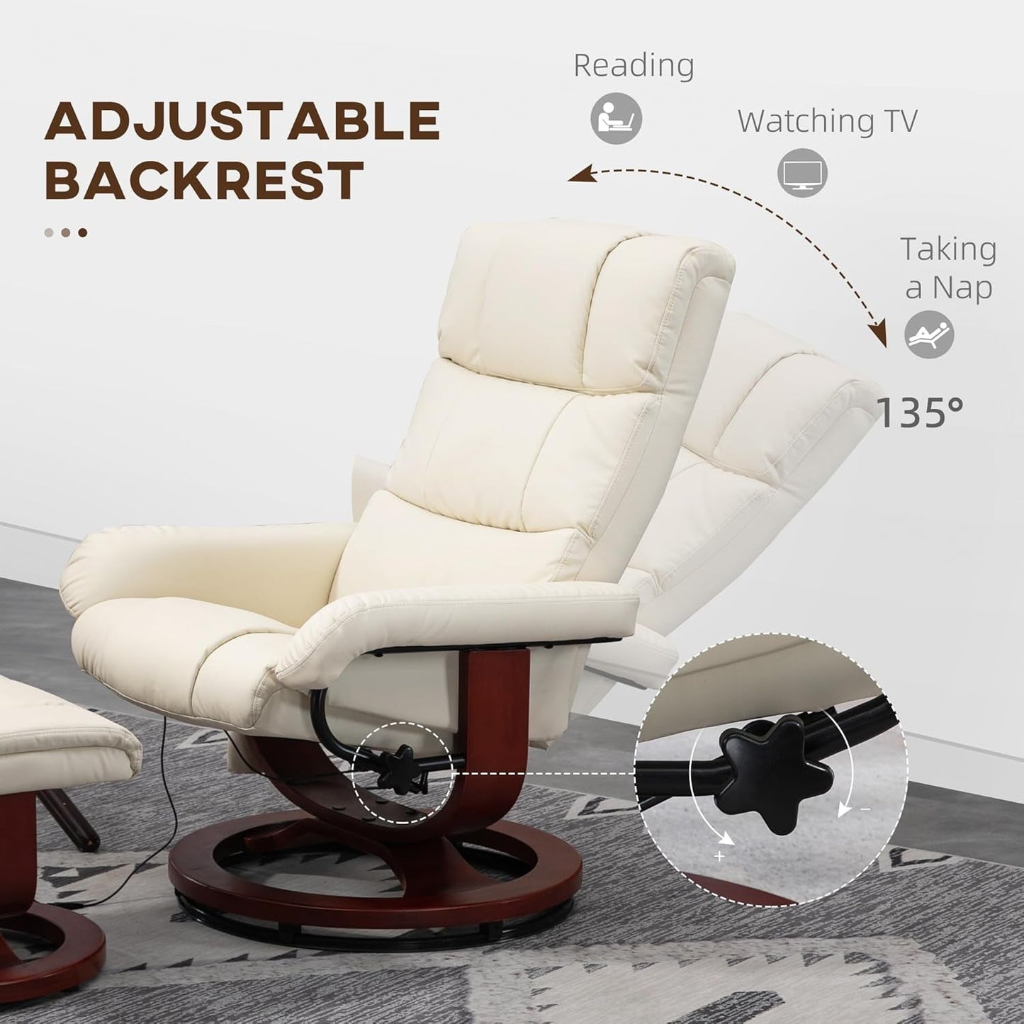 Massage Recliner Chair with Ottoman, Swivel Recliner and Footrest, Faux Leather Reclining Chair with Remote Control and Side Pocket, Cream White-4