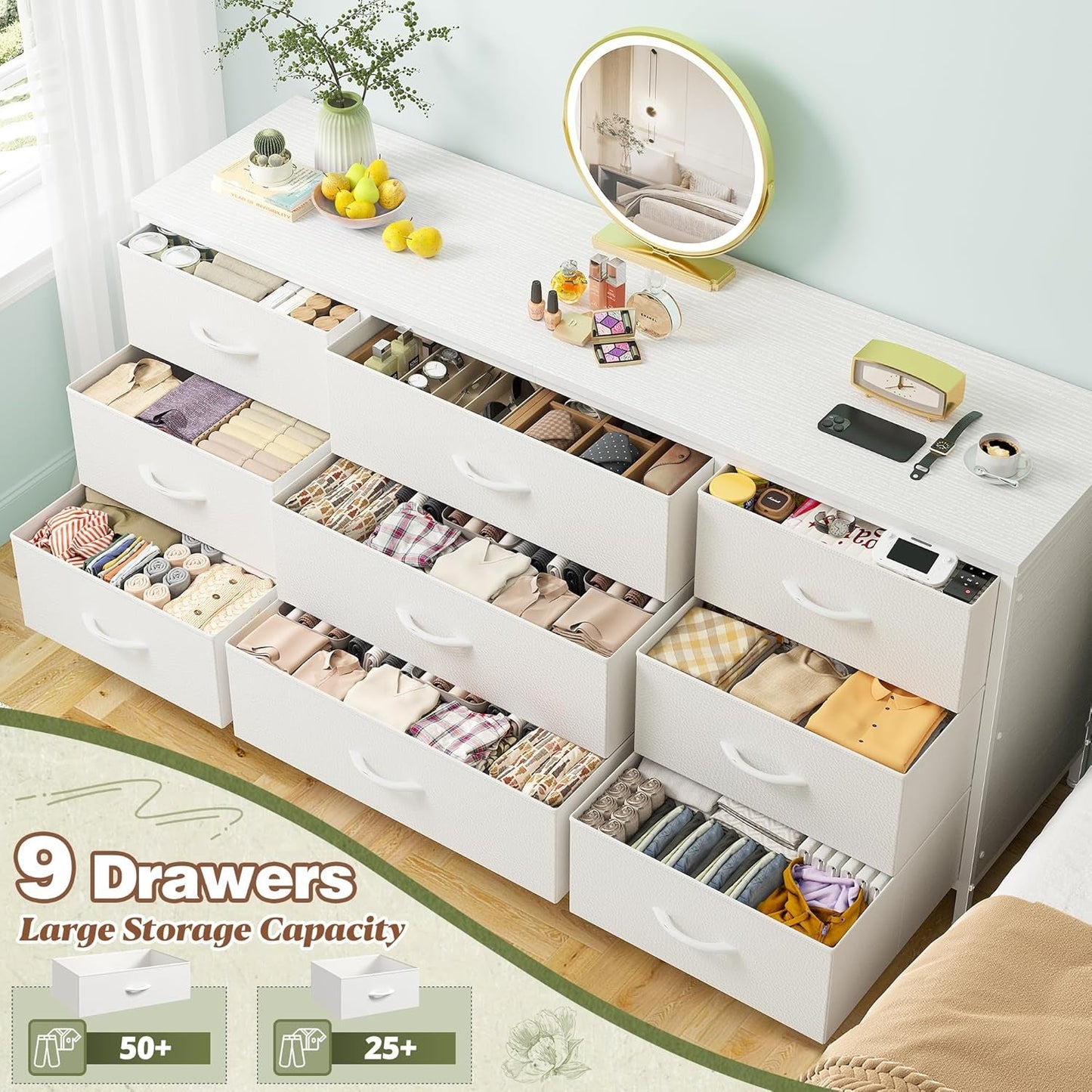 Dresser TV Stand with 9 Drawers for 60'' TV Stand for Bedroom Long Dresser for Bedroom Wide Dressers & Chests of Drawers, Sturdy Metal Frame & Wood Top, Living Room, Closet, White-3