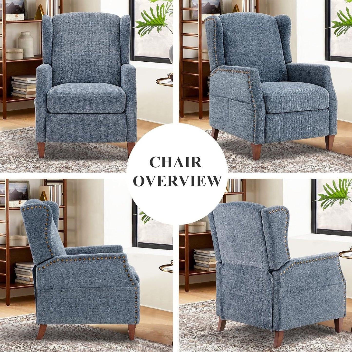 Wingback Pushback Recliner Chair with Storage Pocket, Upholstered Fabric Living Room Chair Armchair with Wood Legs and Nailhead Trim, Darkblue-3
