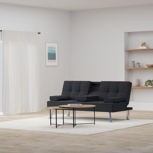 Black Linen Folding Futon Recliner with Cupholders-1