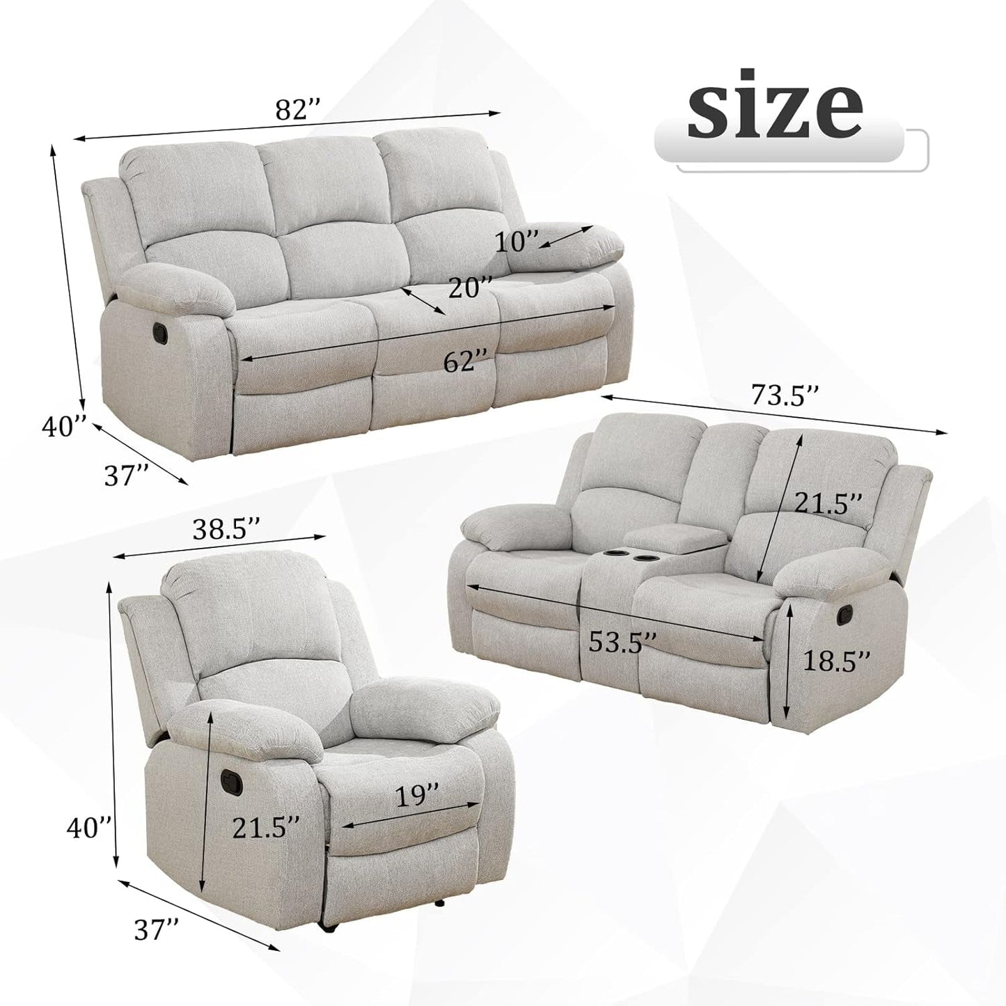Recliner Sofa Set Living Room Furniture, Reclining Sofa Set Microfiber Fabric, Recliner Couch Set for Office Home (Sofa and Chair Set, Grey White)-1