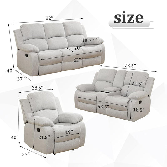 Recliner Sofa Set Living Room Furniture, Reclining Sofa Set Microfiber Fabric, Recliner Couch Set for Office Home (Sofa and Chair Set, Grey White)-1