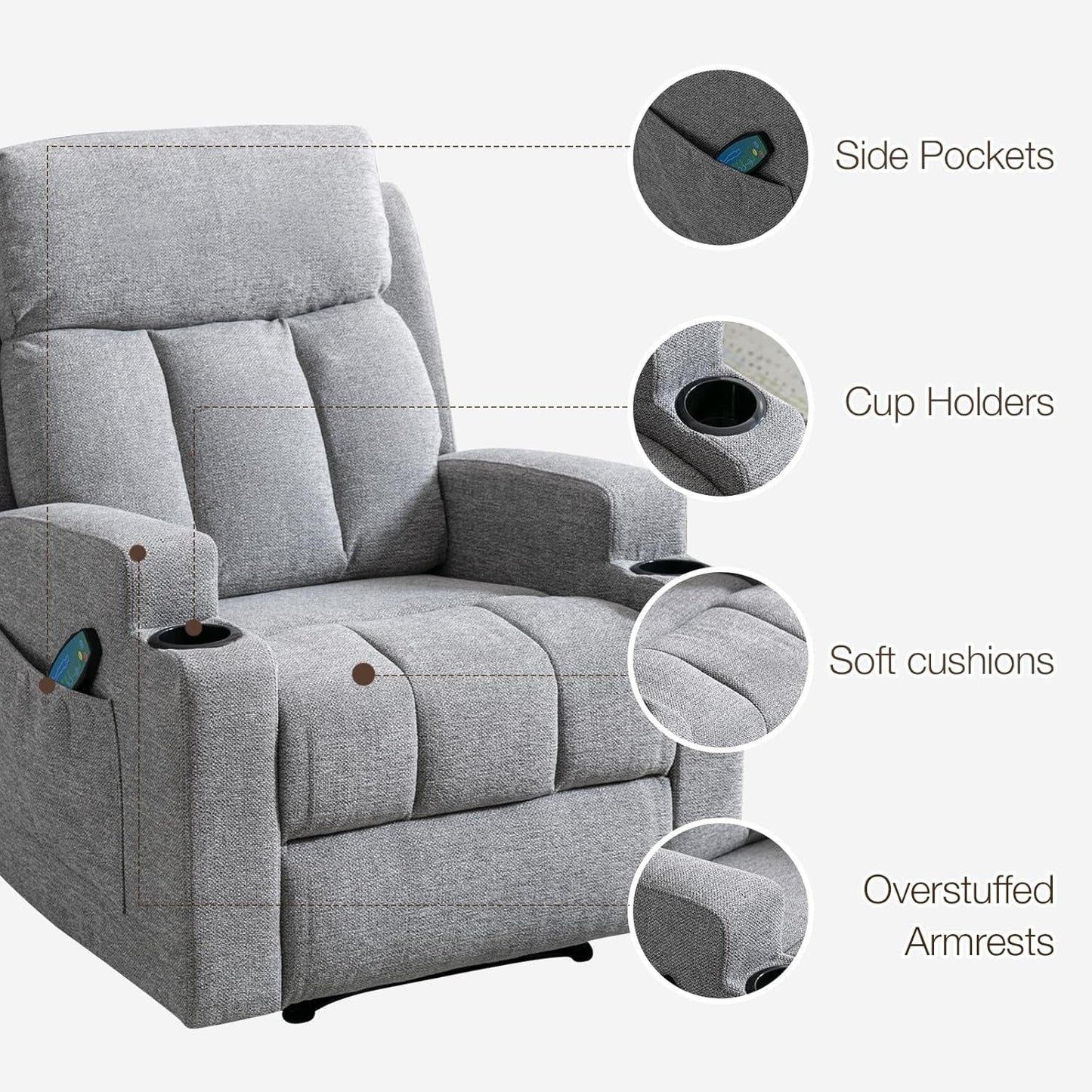 Manual Recliner Chair with Massage and Heat for Living Room Overstuffed Breathable Fabric Reclining Chair with 2 Side Pockets, 2 Cup Holders, Remote Control, Gray-4