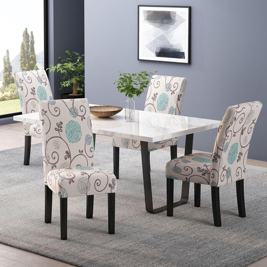 Evangeline Contemporary Fabric Dining Chairs (Set of 4), 17.5D X 26.75W X 39H Inch, Light Beige with Blue Floral, Espresso-1