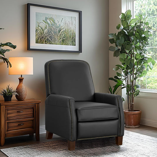 Mid-Century Faux Leather Pushback Recliner Brass Trim-1