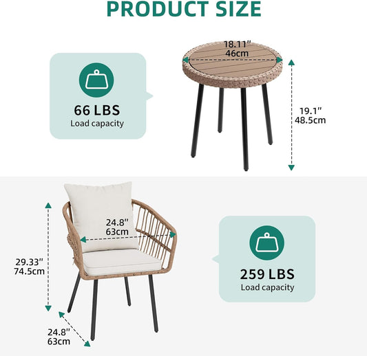 3 Pieces Outdoor Wicker Patio Conversation Bistro Set, All-Weather Rattan Patio Furniture Set with Table & Cushions, Outdoor Sectional Sofa for Patio, Balcony, Backyard, Deck-1