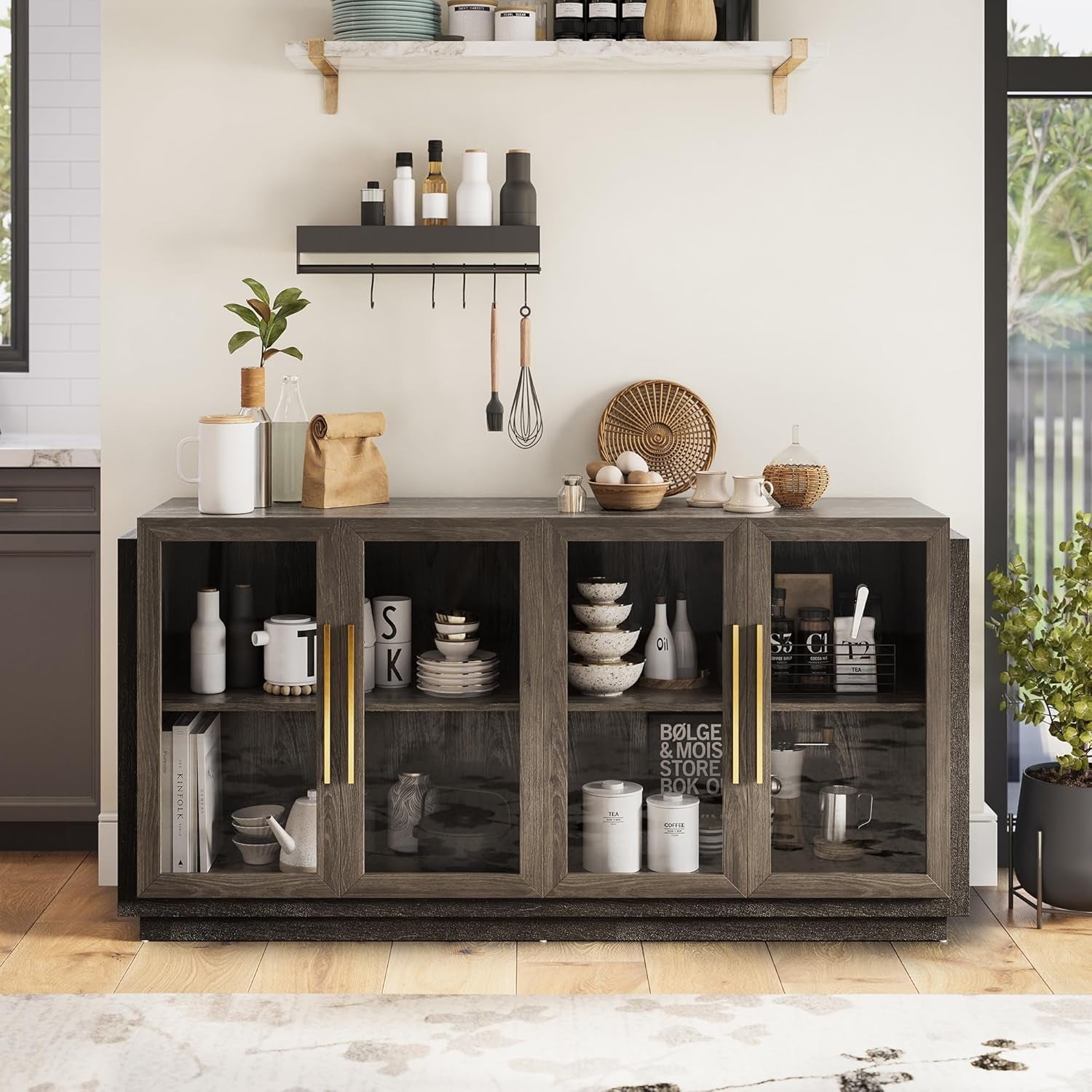 Sideboard Buffet Cabinet, Modern Wood Glass-Buffet-Sideboard with Storage, Console Table for Kitchen, Dining Room, Living Room, Hallway, or Entrance - Brixston (Brown)-1