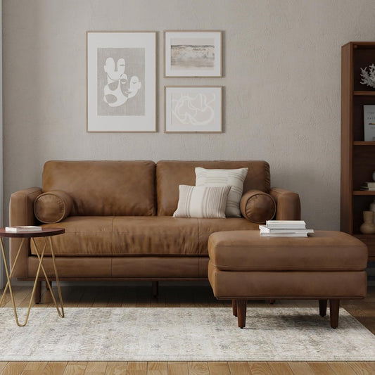 Morrison Mid-Century Modern 72 Inch Wide Sofa with Ottoman Set in Caramel Brown Genuine Leather for the Living Room and Family Room-1