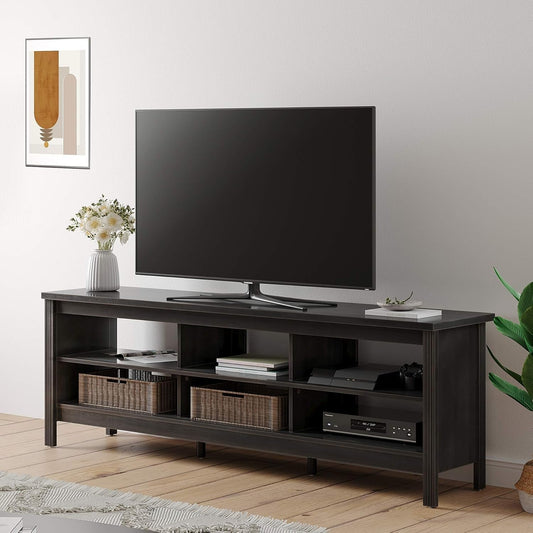 Farmhouse TV Stand for Tvs up to 75 Inches, Black Entertainment Center for 80 Inch TV Console Table with 6 Cubby Storage for Living Room Bedroom, 70''-1