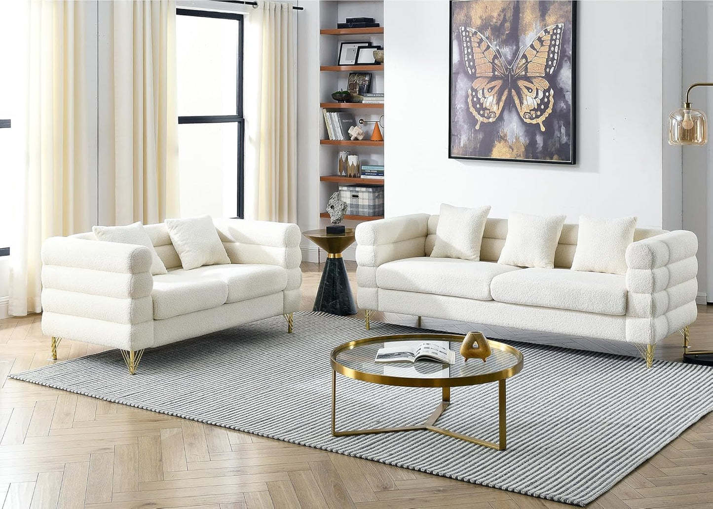 Sofa, 2 Pieces Sofa Set,Oversize 2/3 Seater Extra Deep Seat Sofa,Modern Upholstered Futon White Sofa Couch, Comfy Bouclé Cloud Sofa,Furniture for Living Room,Bedroom,Office,Apartment(White)-0