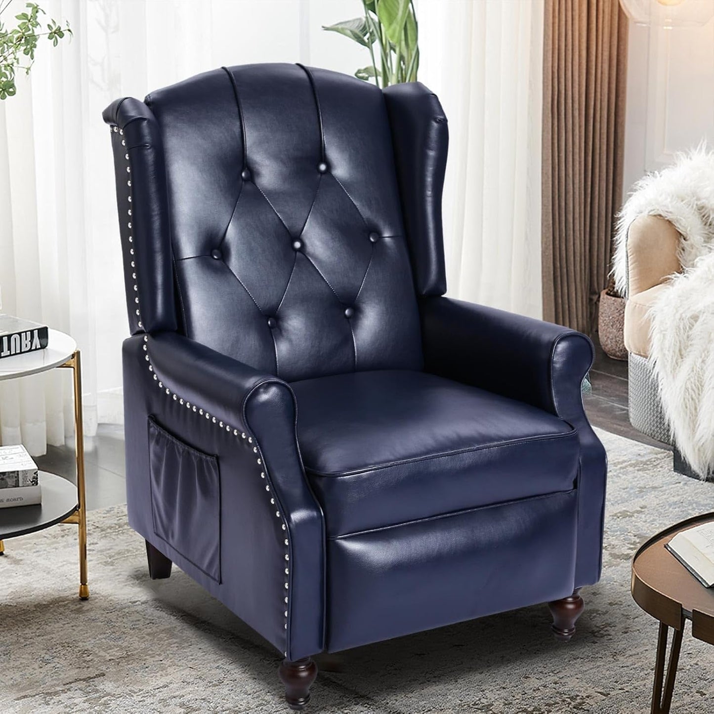 Wingback Recliner Chair with Massage and Heat - Tufted PU Leather Push Back Arm Chair for Living Room - Vintage Recliner Chair with Remote Control, Padded Cushion, Backrest, Wooden Legs-0