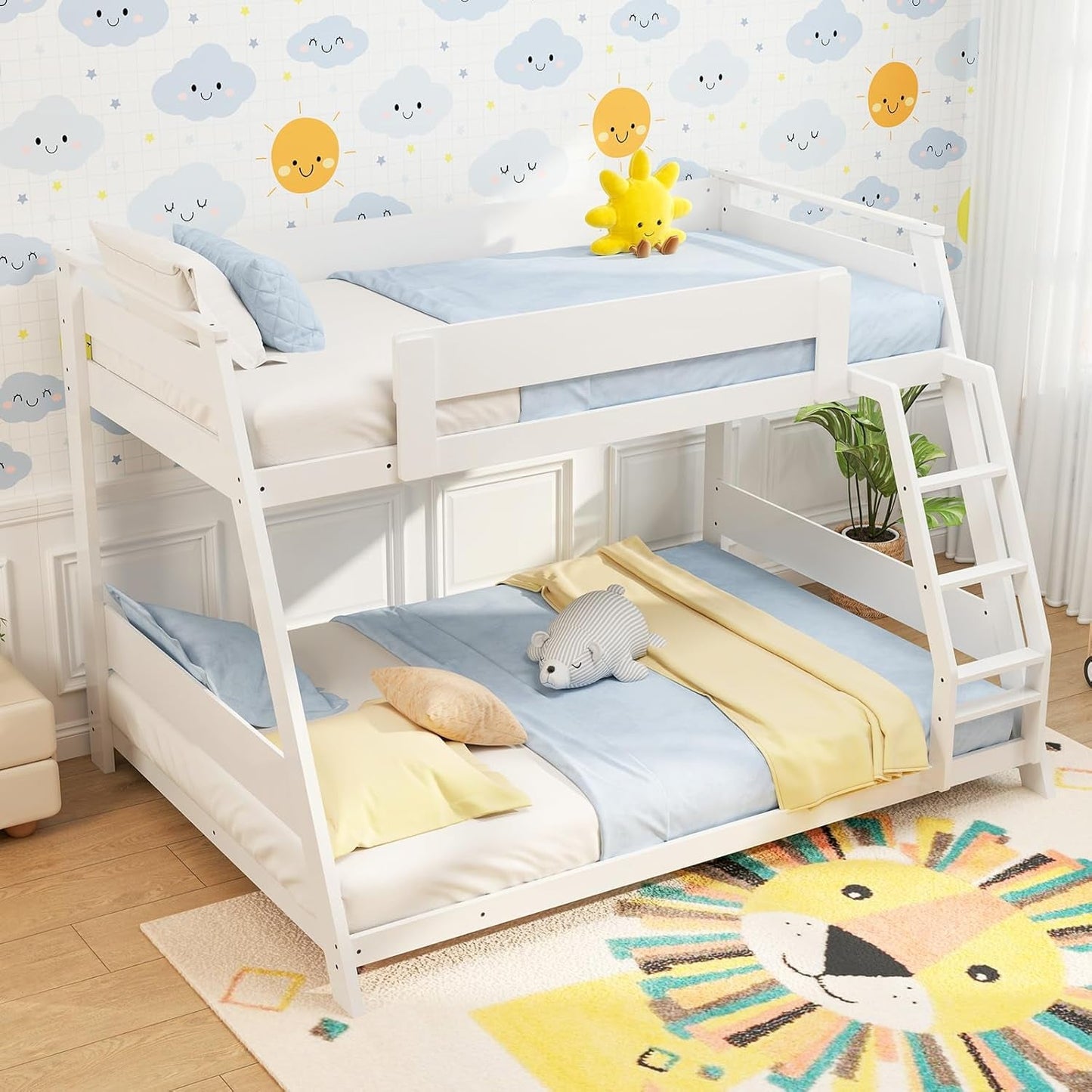 Wood Bunk Beds Twin over Full Size, Solid Wood Floor Low Bunk Bed W/Removable Ladder & Full-Length Guardrails, Low Profile Full Size Bunk Bed for Kids, Teens, Juniors, Small Spaces (White)-0