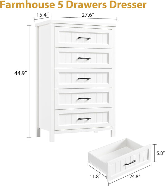 Elegant White Farmhouse 5 Drawer Dresser for Bedroom - Tall Chest of Dresser with Spacious Storage, Solid Wood Construction for Living Room, Hallway & Entryway - White-1