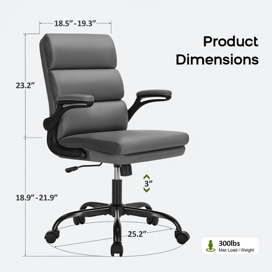 Office Chair Adjustable Desk Chair Mid Back Executive Comfortable Bonded Leather Ergonomic Back Support Home Computer Chair with Padded Flip-Up Armrest Swivel Wheels (Gray)-1