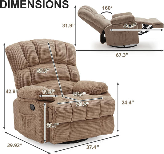 Oversized Rocker Recliner Chair for Adults, 360° Swivel Recliner Chair Ergonomic Chair, Overstuffed Manual Rocking Recliner for Living Room, Theater Seating Single Sofa Chairs(Khaki)-1