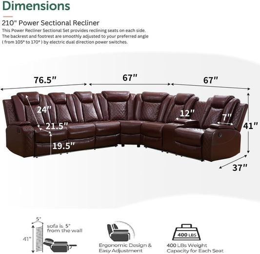 Power Recliner Sofa Sectional Sofa with LED Light for Living Room, Air Leather Reclining Corner Sectional Sofa Set, Cup Holder, Storage Console for Home Theater Seating (Burgundy, Sectional)-1