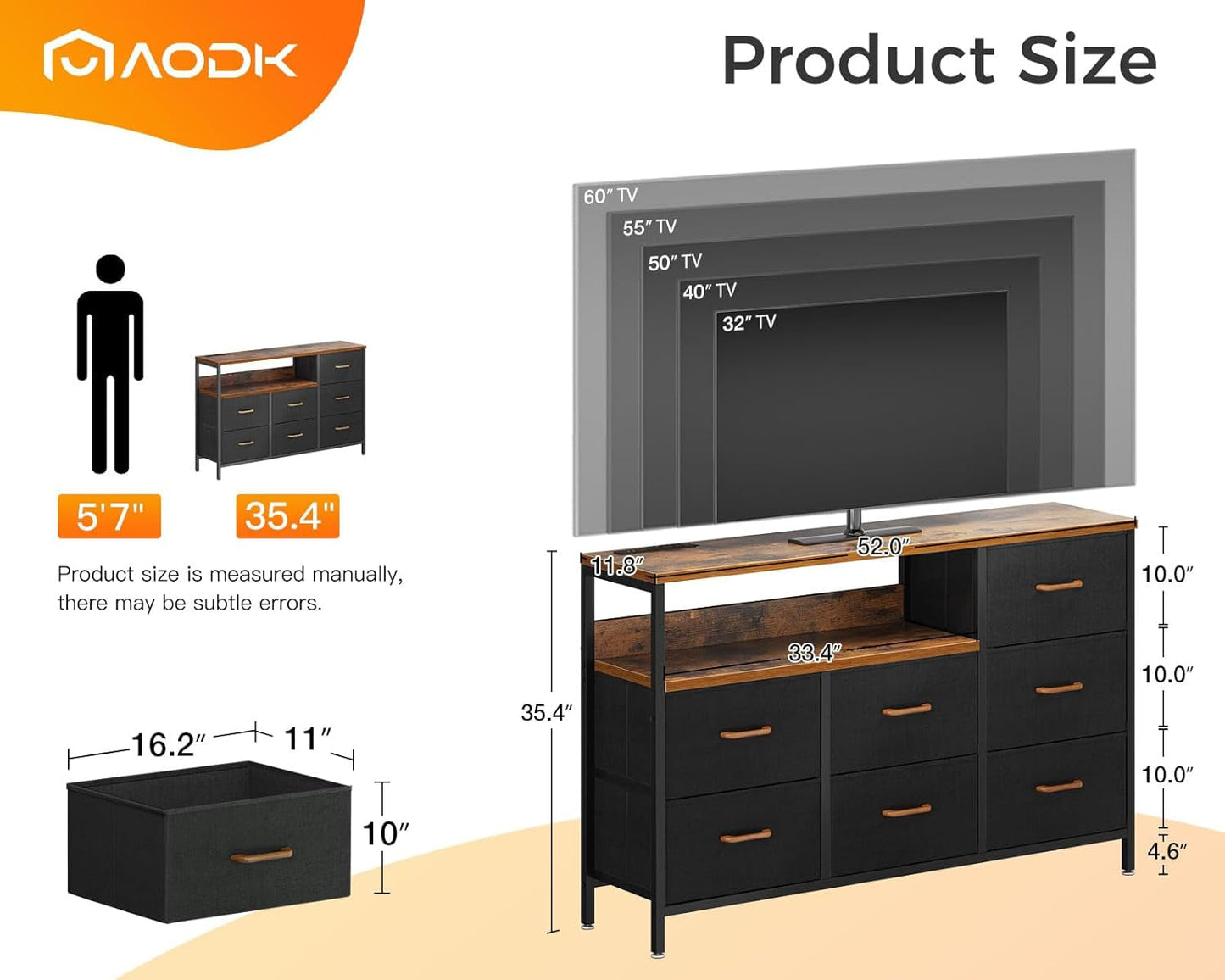 Dresser with LED Lights and Charging Station, 52-Inch Long Dresser for Bedoom with 7 Large Storage Drawers, Fabric Dresser TV Stand with Open Shelves, Vintage-1