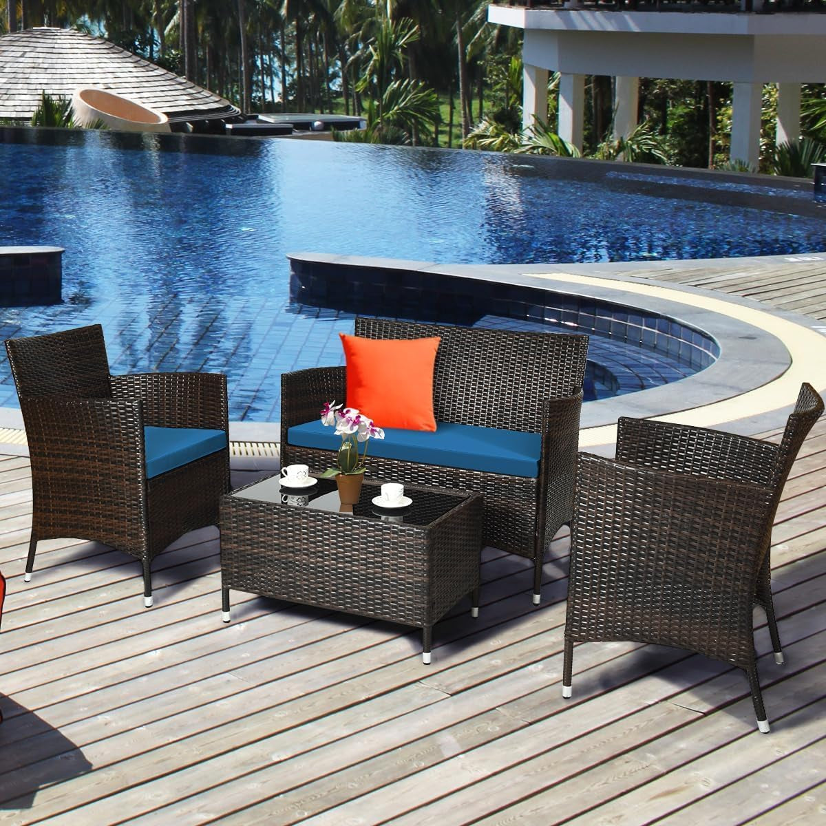 4 Piece Rattan Patio Furniture Set, Sectional Sofa Chair, Wicker Set with Tempered Glass Coffee Table & Thick Cushions, Wicker Patio Set for Garden, Lawn, Poolside, Backyard (Peacock Blue)-4
