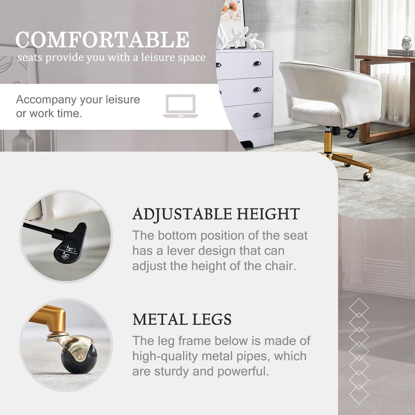 Home Office Chair Swivel Velvet Desk Chair, Vanity Chair with 360 Swivel Armchair and Gold Base,For Living Room, Bedroom, Vanity, Study (Beige)-4