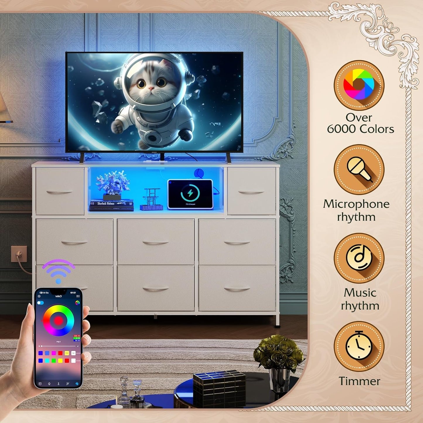 White Dresser for Bedroom, TV Stand for Bedroom for 55 Inch TV with Charging Station and LED Lights, Fabric Chest of Drawers with Open Shelves, 8 Drawers Dressers for Living Room, Closet-4