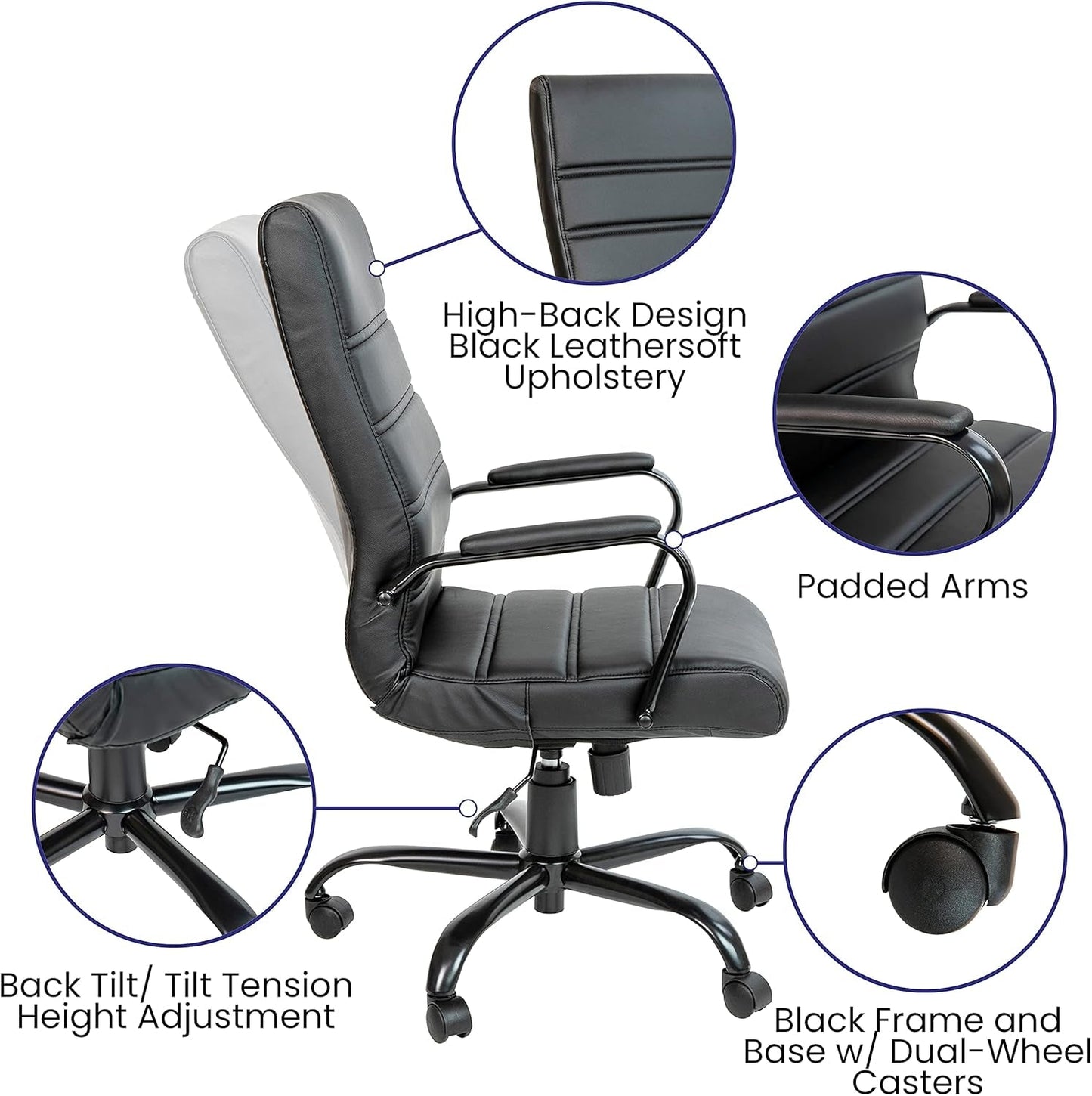 Whitney High-Back Swivel Leathersoft Desk Chair with Padded Seat and Armrests, Adjustable Height Padded Office Chair, Black-3