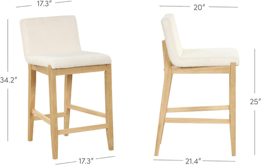 Gracie Modern Counter Height Bar Stool with Back, Counter Stool Upholstered Chair with Natural Textured Linen and Brushed Wooden Legs, Cream Boucle/Light Brown, Set of 4-1