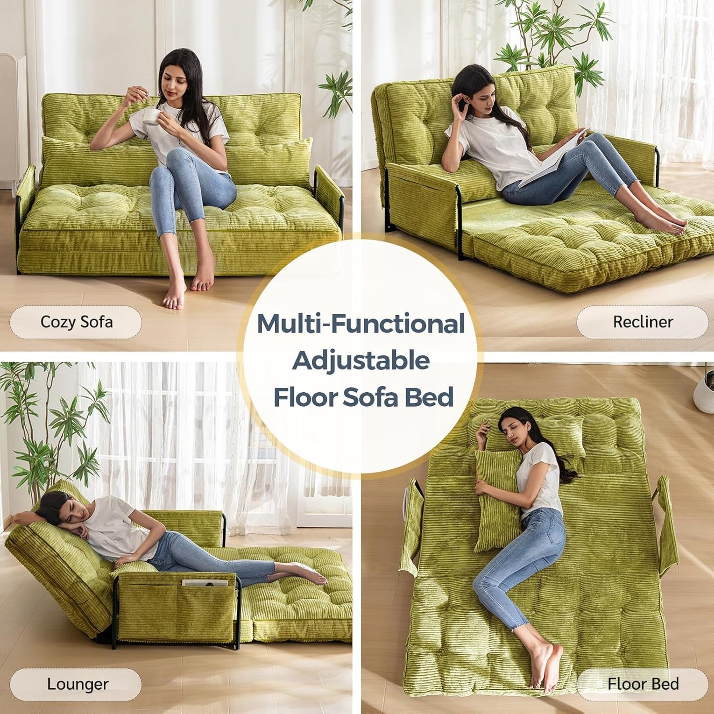 Adjustable Floor Sofa Couch with 2 Pillows, Multi-Functional Bean Bag Bed, 5-Position Foldable Lazy Sofa Sleeper Bed with Armrest, Versatile Floor Seating Sofa for Reading, Green, Double-2