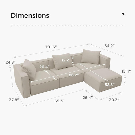 Luxury Modular Sectional Living Room Sofa Set, Modern Minimalist Style Couch with Ottoman and Chaise, L-Shape, Linen-Like Cream-1