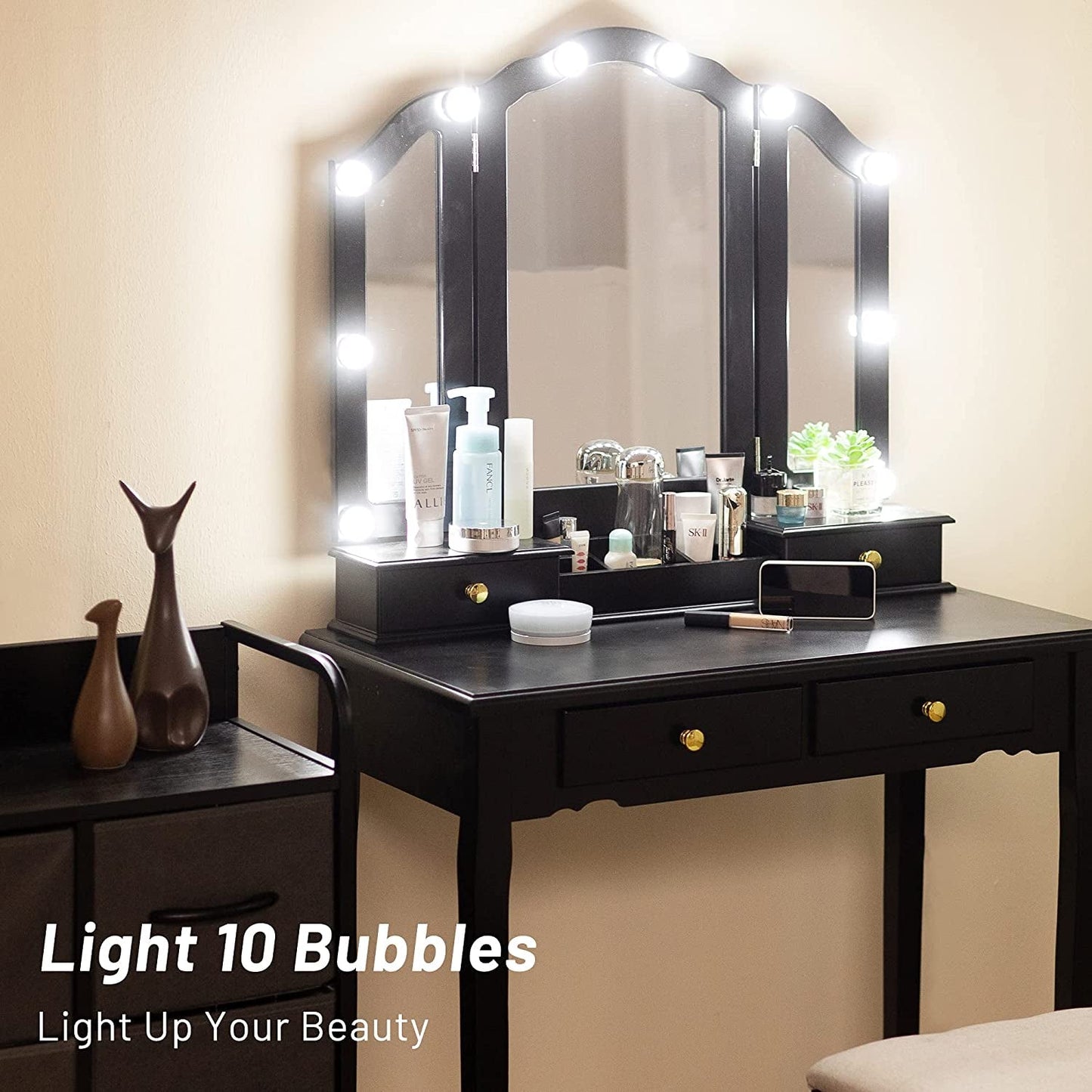 Black Vanity Set with Lighted Tri-Fold Mirror-2