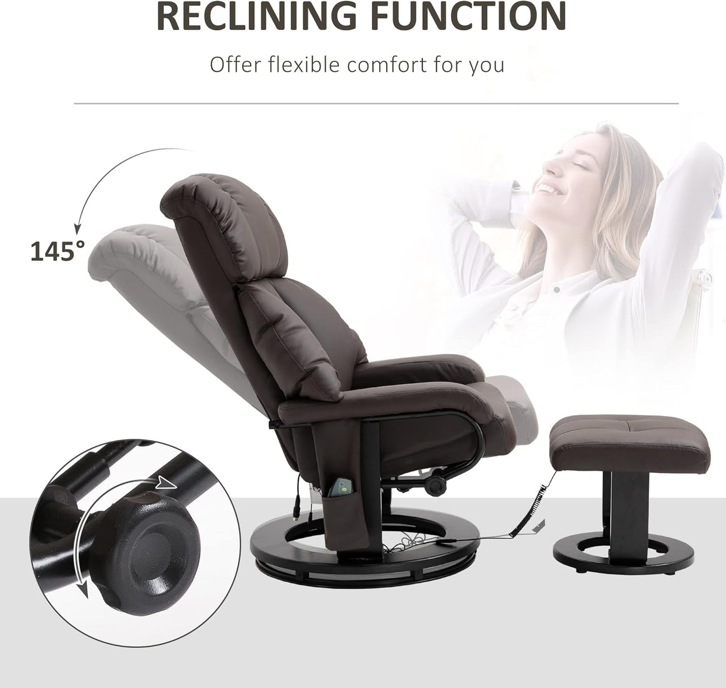 Massage Recliner Chair with Ottoman, 360° Swivel Recliner and Footstool, 10 Point Vibration, PU Leather Reclining Chair with Side Pocket and Remote Control, Brown-4